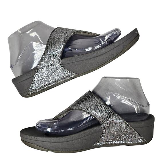 FitFlop Lulu Superglitz Silver Metallic Platform Thong Toe Post Sandals Size 7 - Picture 3 of 9